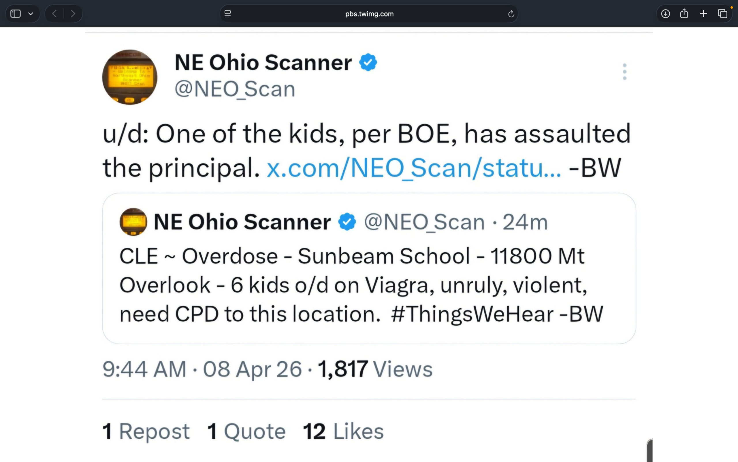 Screenshot of public records related to an April 8 incident at Sunbeam School in Cleveland